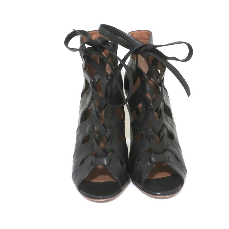 Alaia Lace-Up Booties Black Cutout Leather Size 36.5 Open Toe Ankle Boots