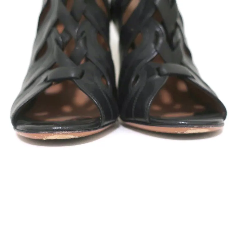 Alaia Lace-Up Booties Black Cutout Leather Size 36.5 Open Toe Ankle Boots