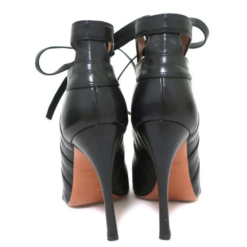 Alaia Lace-Up Booties Black Cutout Leather Size 36.5 Open Toe Ankle Boots
