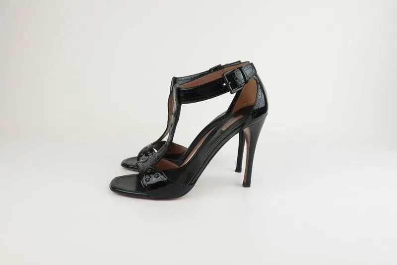 Alaia T-Strap Sandals Black Patent Leather Size 38.5 Open Toe Heel