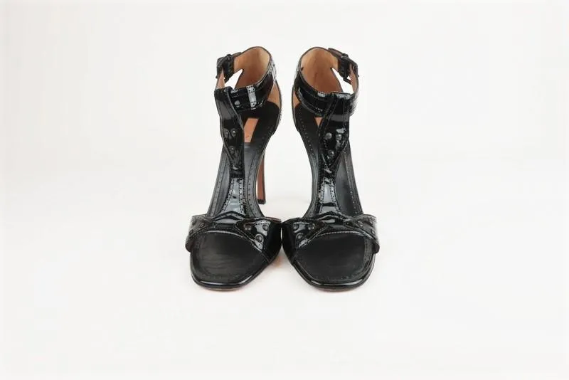 Alaia T-Strap Sandals Black Patent Leather Size 38.5 Open Toe Heel