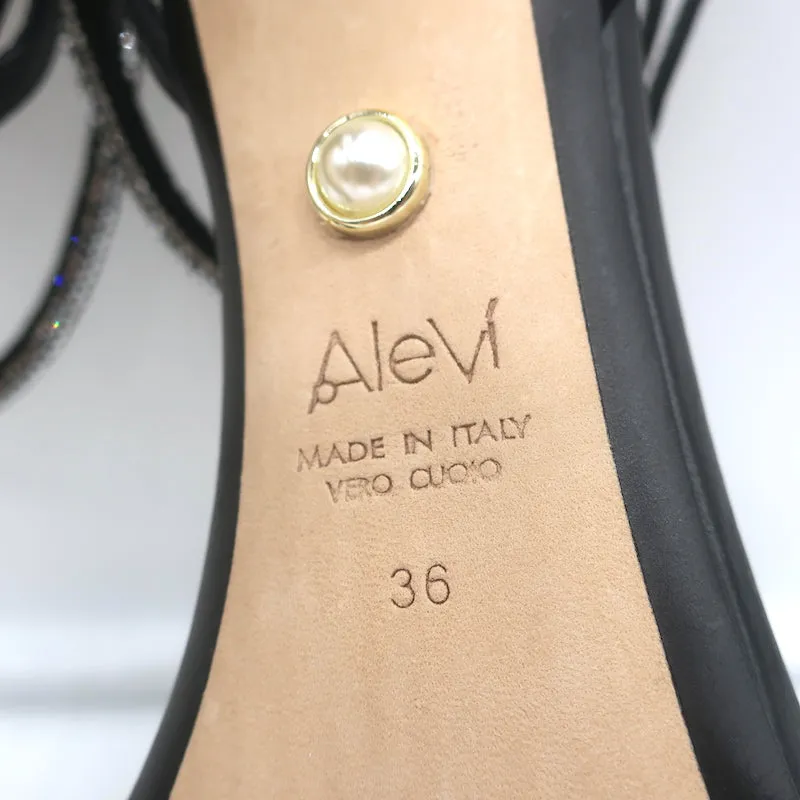 Alevi Crystal-Embellished Ankle Strap Sandals Black Leather Size 36