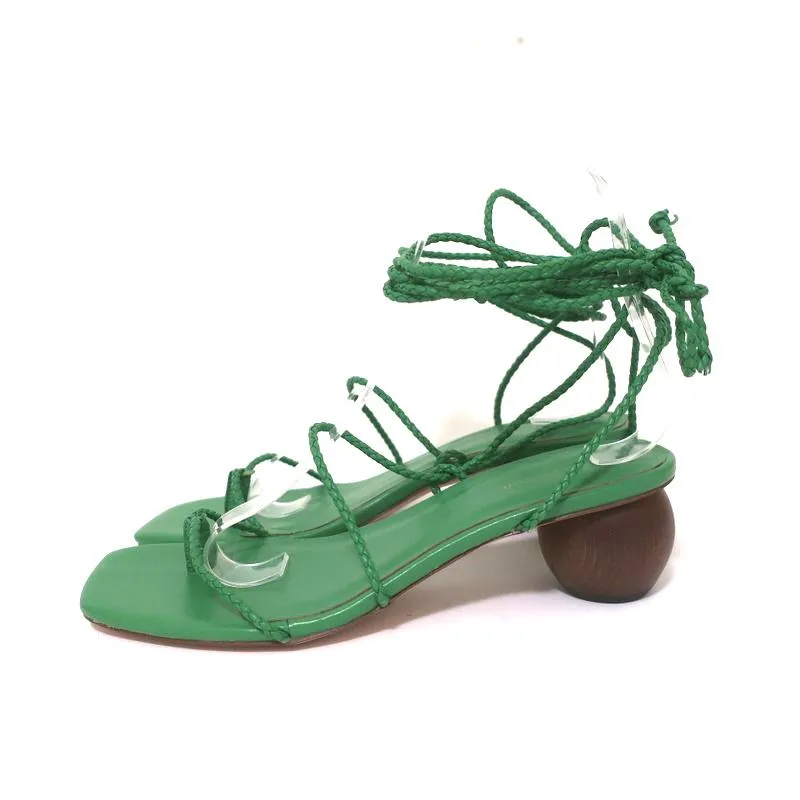 Ann Taylor Wood Heel Wrap Sandals Samantha Green Braided Leather Size 6.5 NEW