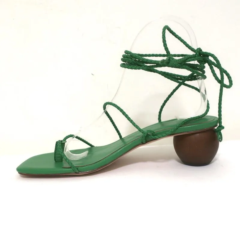 Ann Taylor Wood Heel Wrap Sandals Samantha Green Braided Leather Size 6.5 NEW
