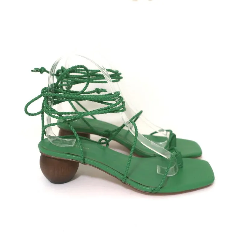 Ann Taylor Wood Heel Wrap Sandals Samantha Green Braided Leather Size 6.5 NEW