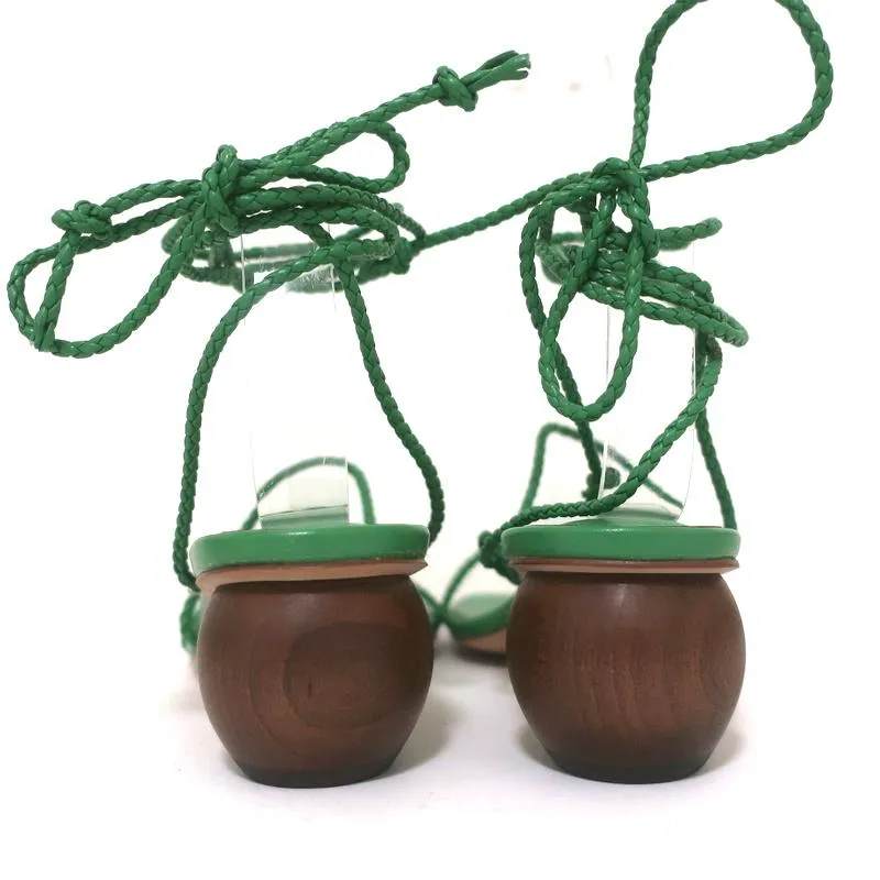 Ann Taylor Wood Heel Wrap Sandals Samantha Green Braided Leather Size 6.5 NEW