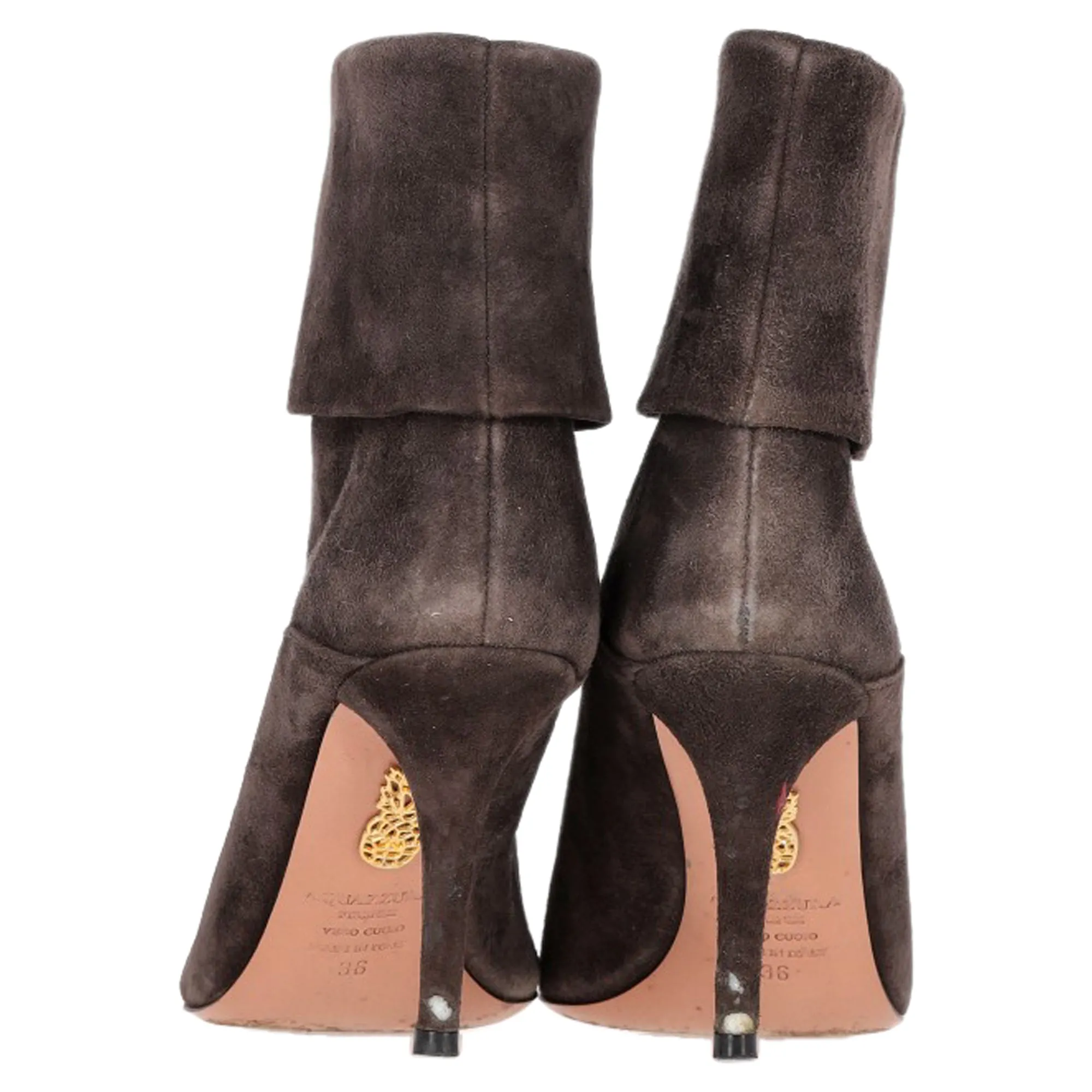 Aquazzura Folded Ankle Heeled Boots in Brown Suede