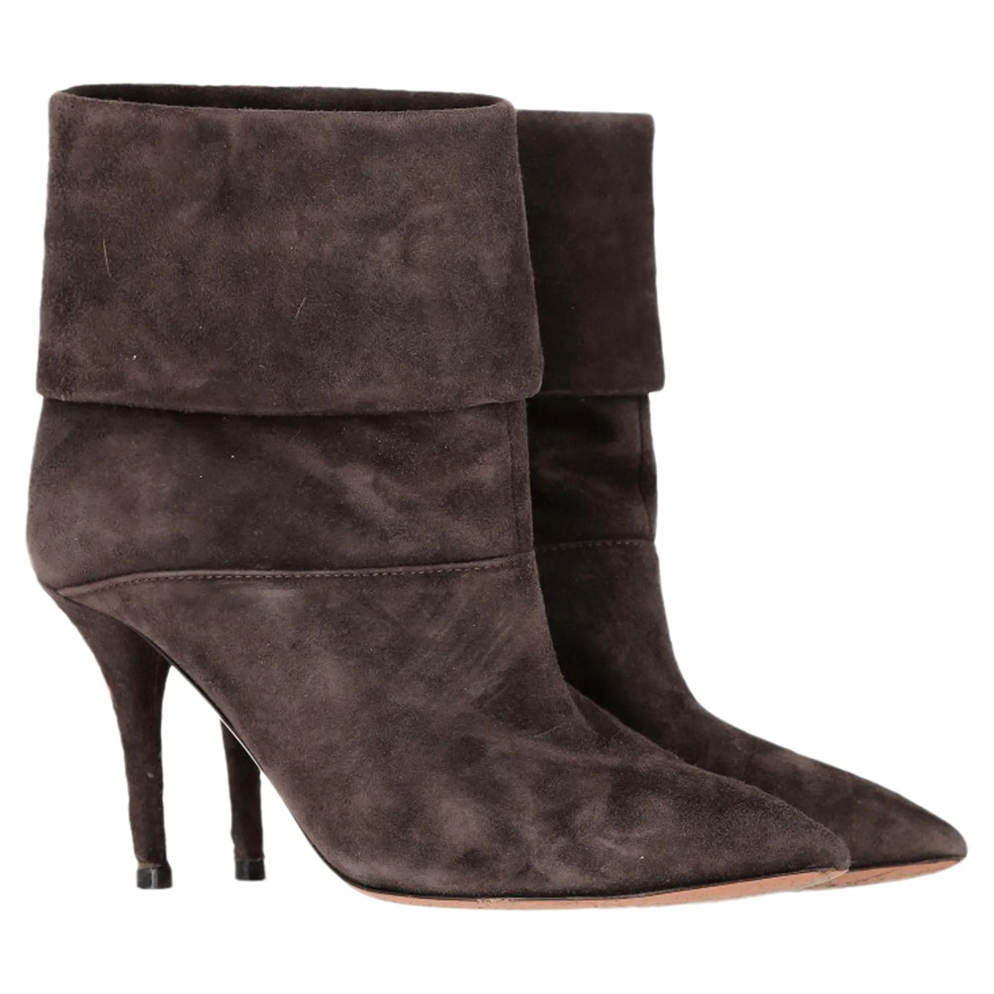 Aquazzura Folded Ankle Heeled Boots in Brown Suede