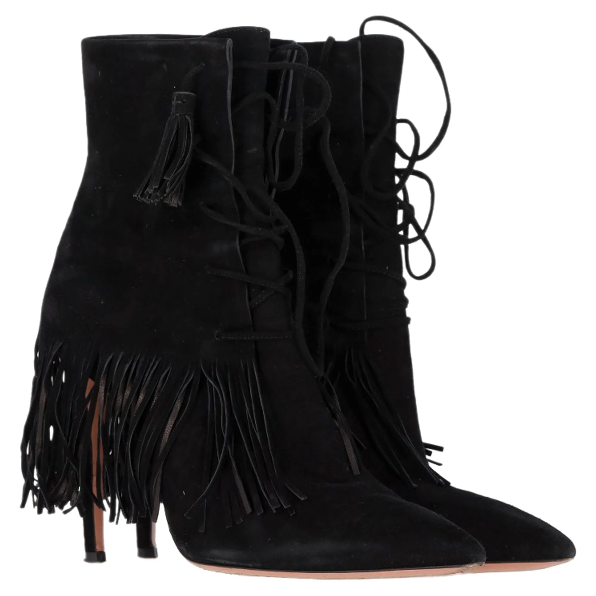 Aquazzura Mustang 105 Fringe Heeled Ankle Boots in Black Suede