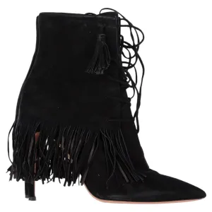 Aquazzura Mustang 105 Fringe Heeled Ankle Boots in Black Suede
