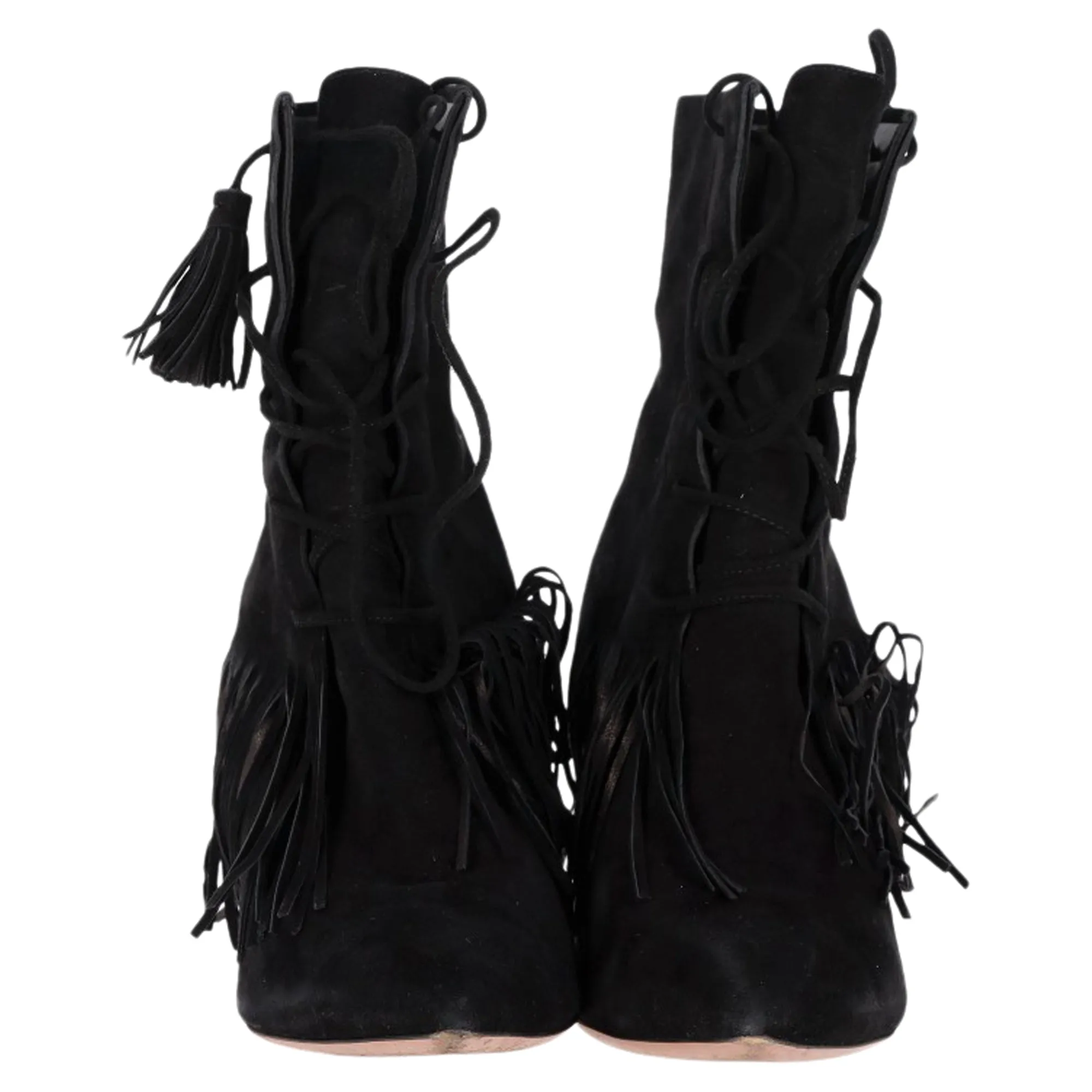 Aquazzura Mustang 105 Fringe Heeled Ankle Boots in Black Suede