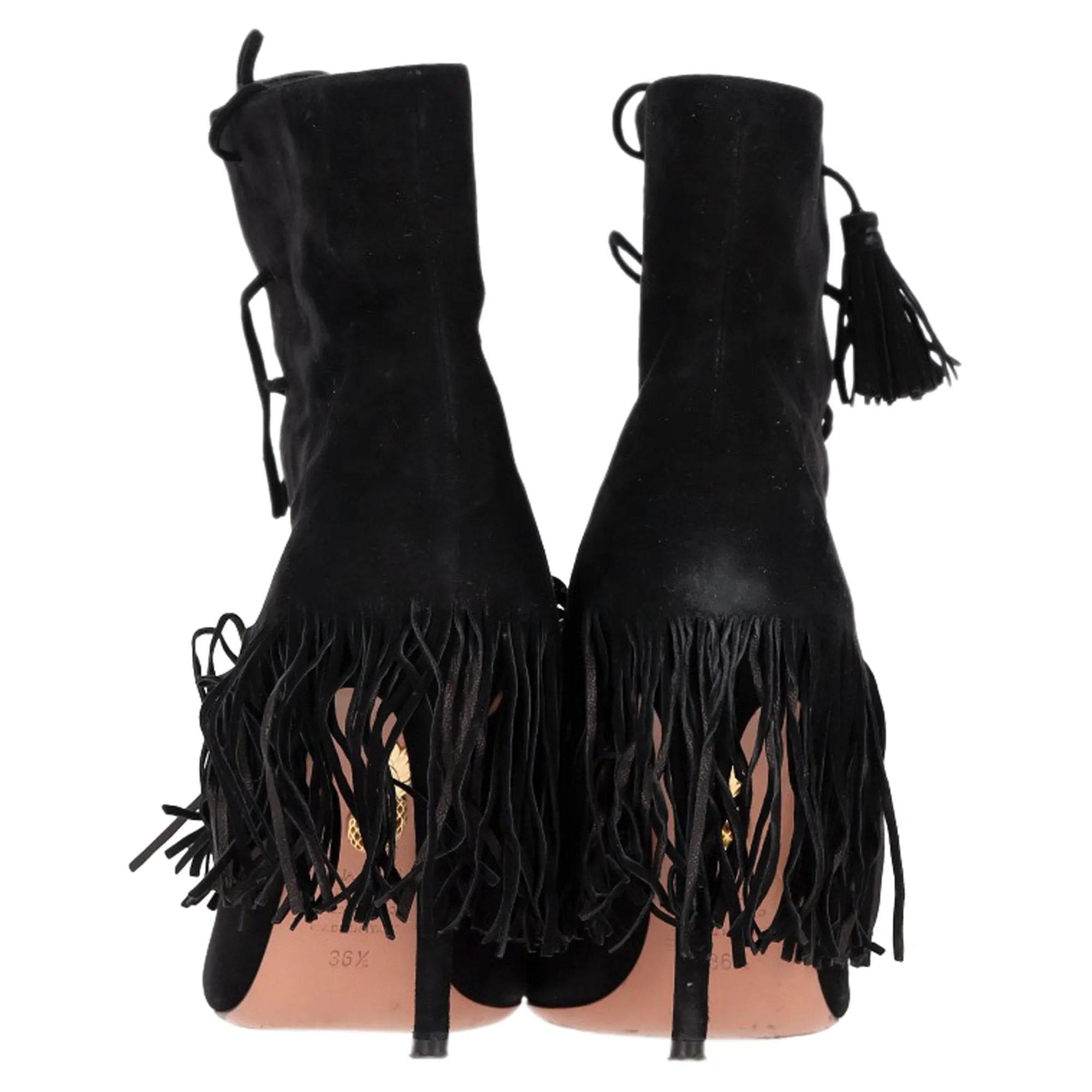 Aquazzura Mustang 105 Fringe Heeled Ankle Boots in Black Suede