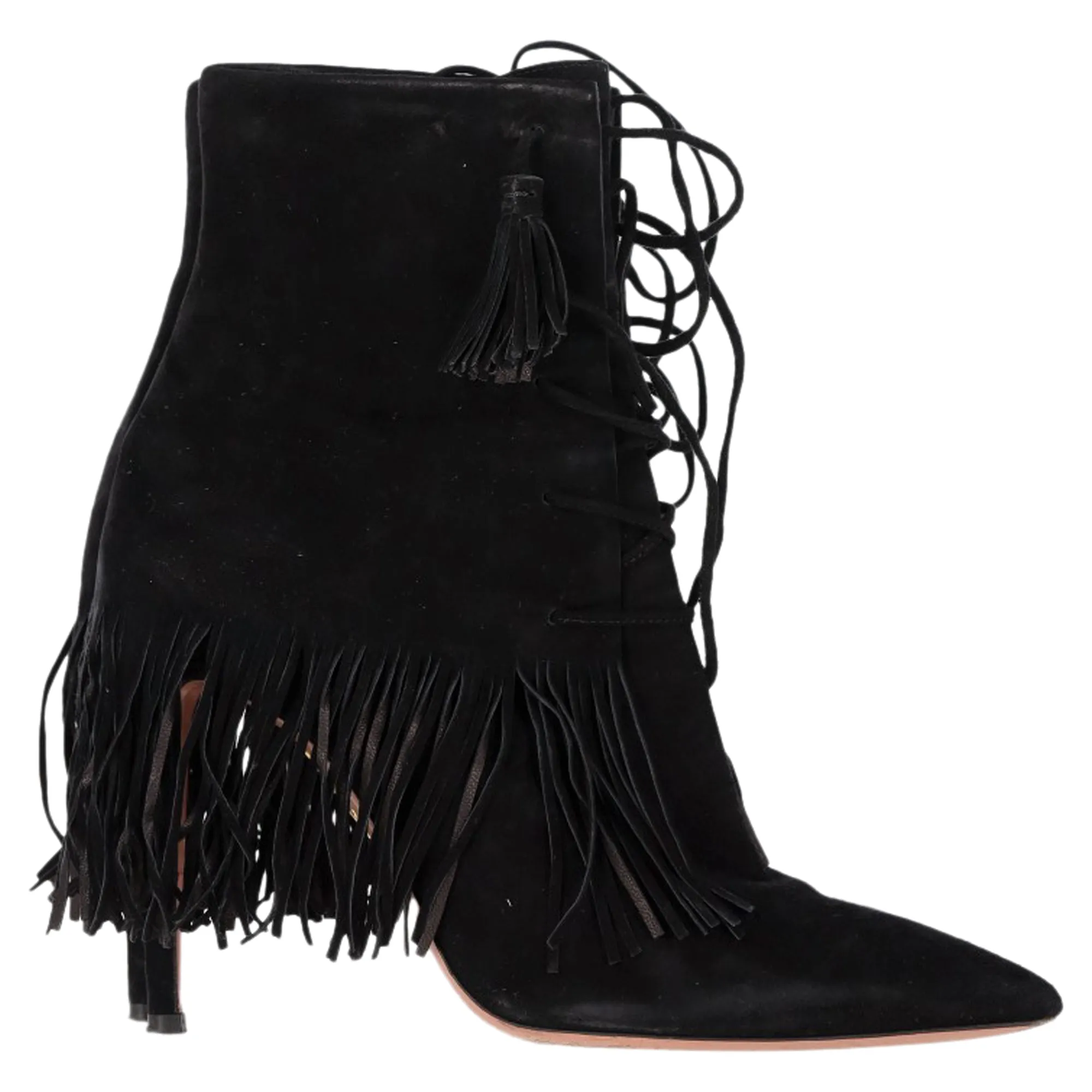 Aquazzura Mustang 105 Fringe Heeled Ankle Boots in Black Suede