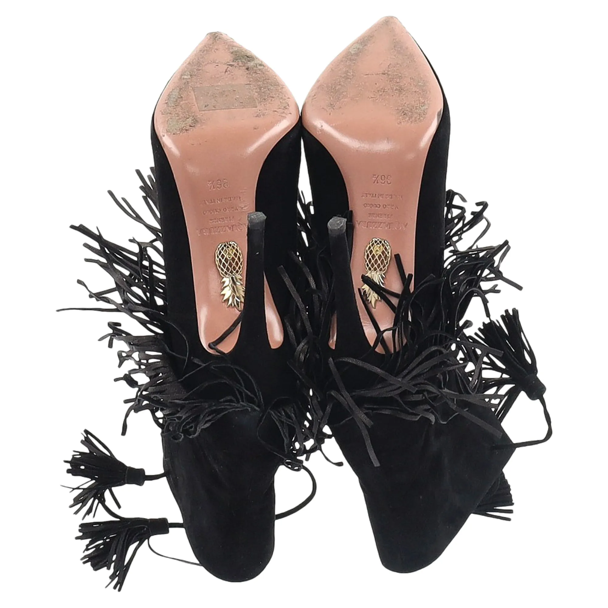 Aquazzura Mustang 105 Fringe Heeled Ankle Boots in Black Suede
