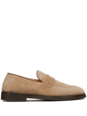 Brunello Cucinelli Mens Penny Slot Suede Loafers in Sand Brown