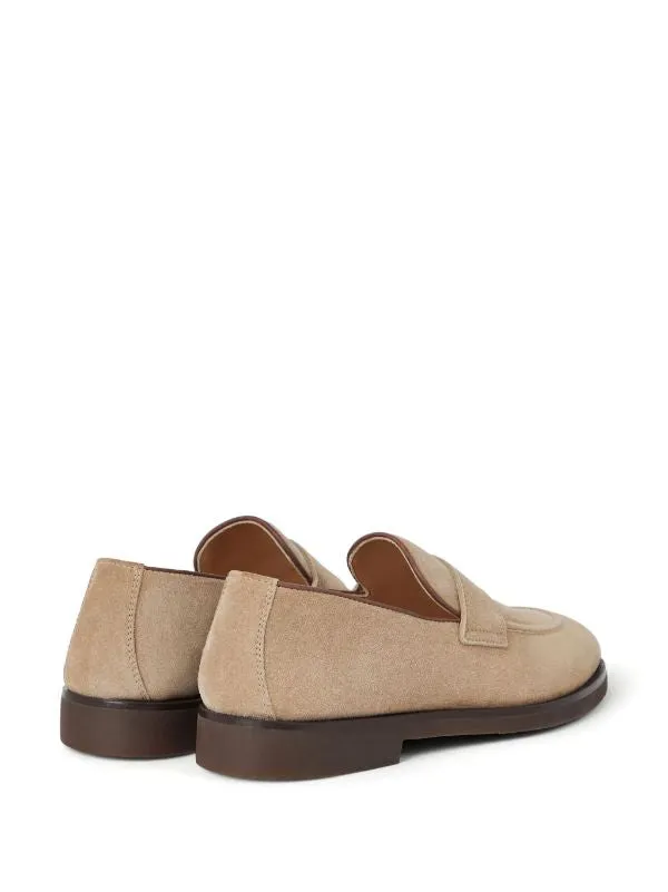Brunello Cucinelli Mens Penny Slot Suede Loafers in Sand Brown