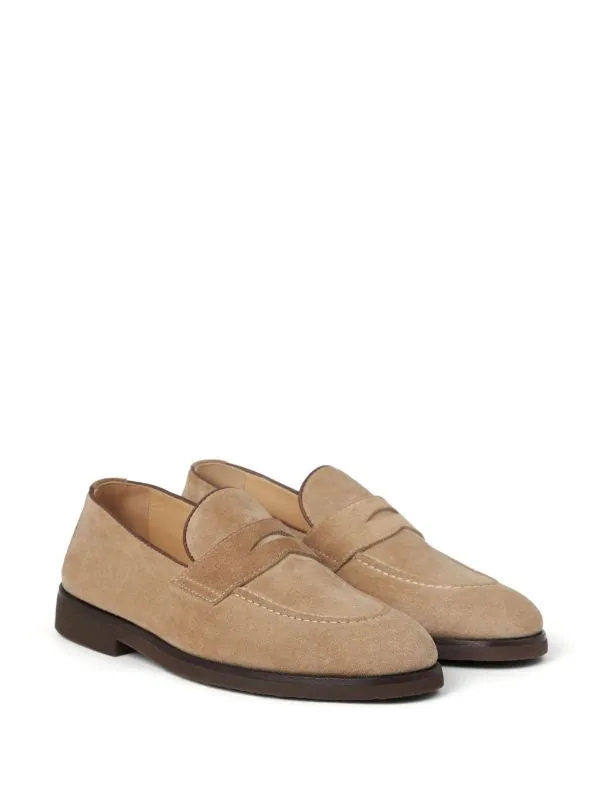 Brunello Cucinelli Mens Penny Slot Suede Loafers in Sand Brown