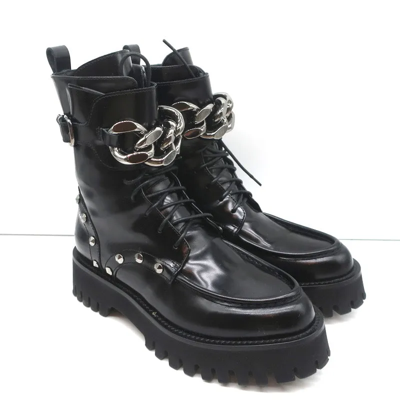 Casadei Chain Link Combat Boots Black Studded Leather Size 36.5