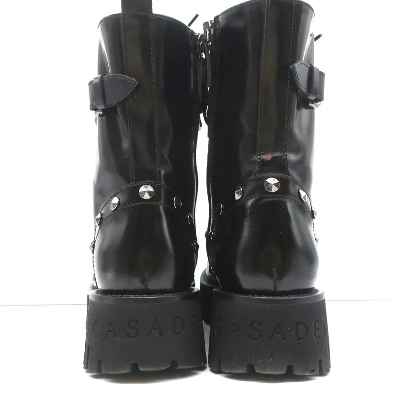 Casadei Chain Link Combat Boots Black Studded Leather Size 36.5