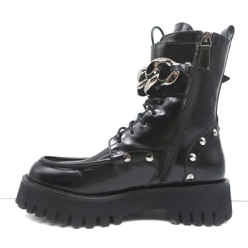 Casadei Chain Link Combat Boots Black Studded Leather Size 36.5