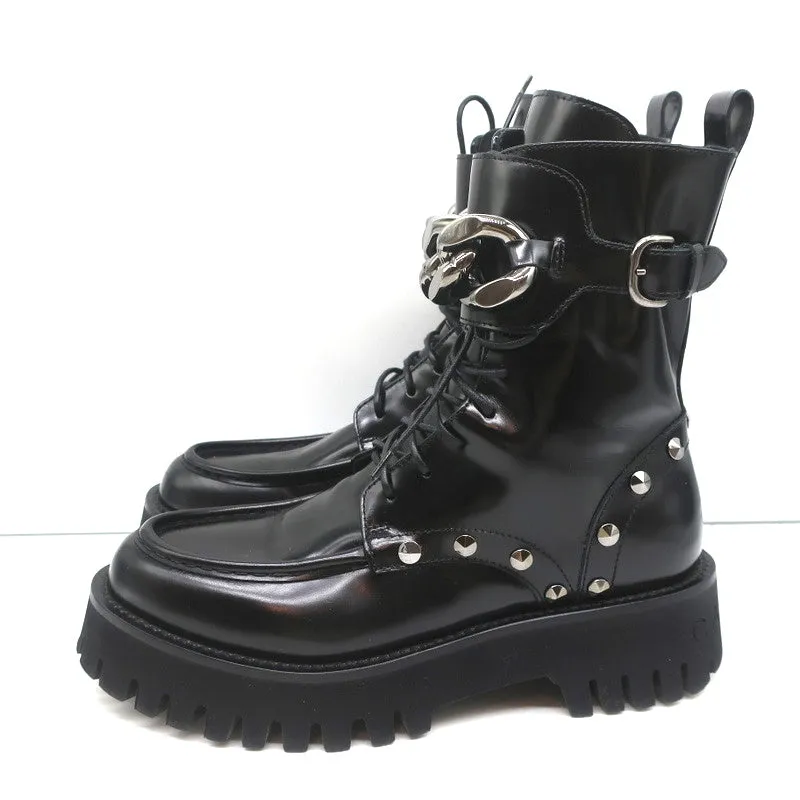 Casadei Chain Link Combat Boots Black Studded Leather Size 36.5