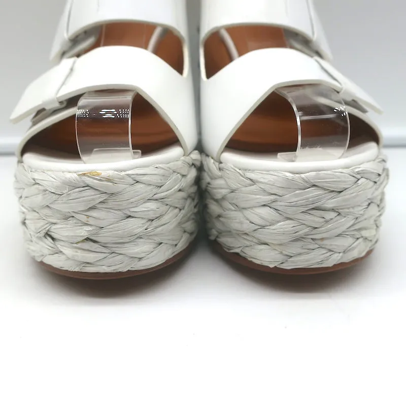 Clergerie Raffia Platform Wedge Sandals White Leather Size 36.5 NEW
