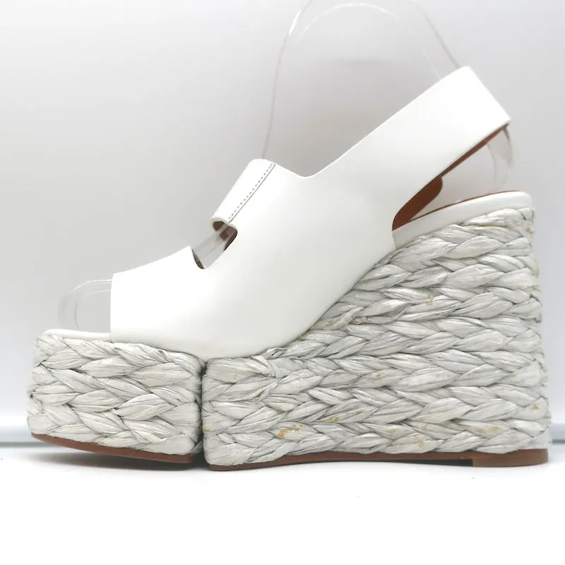 Clergerie Raffia Platform Wedge Sandals White Leather Size 36.5 NEW