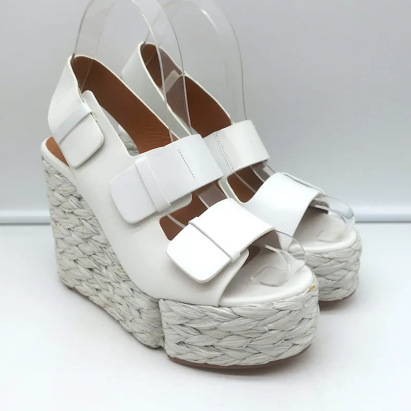 Clergerie Raffia Platform Wedge Sandals White Leather Size 36.5 NEW