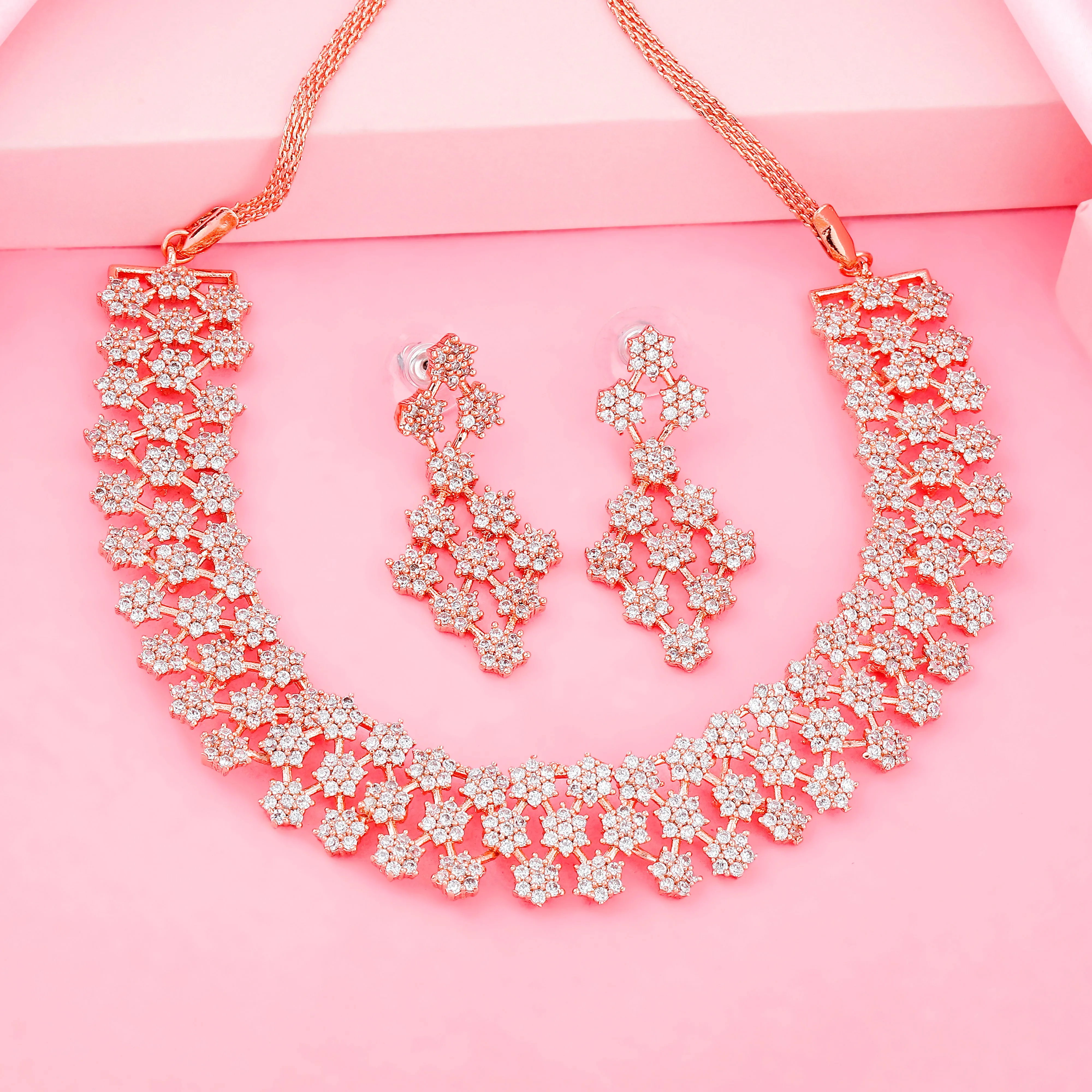 Estele Rose Gold Plated CZ Dazzling Necklace Set for Women