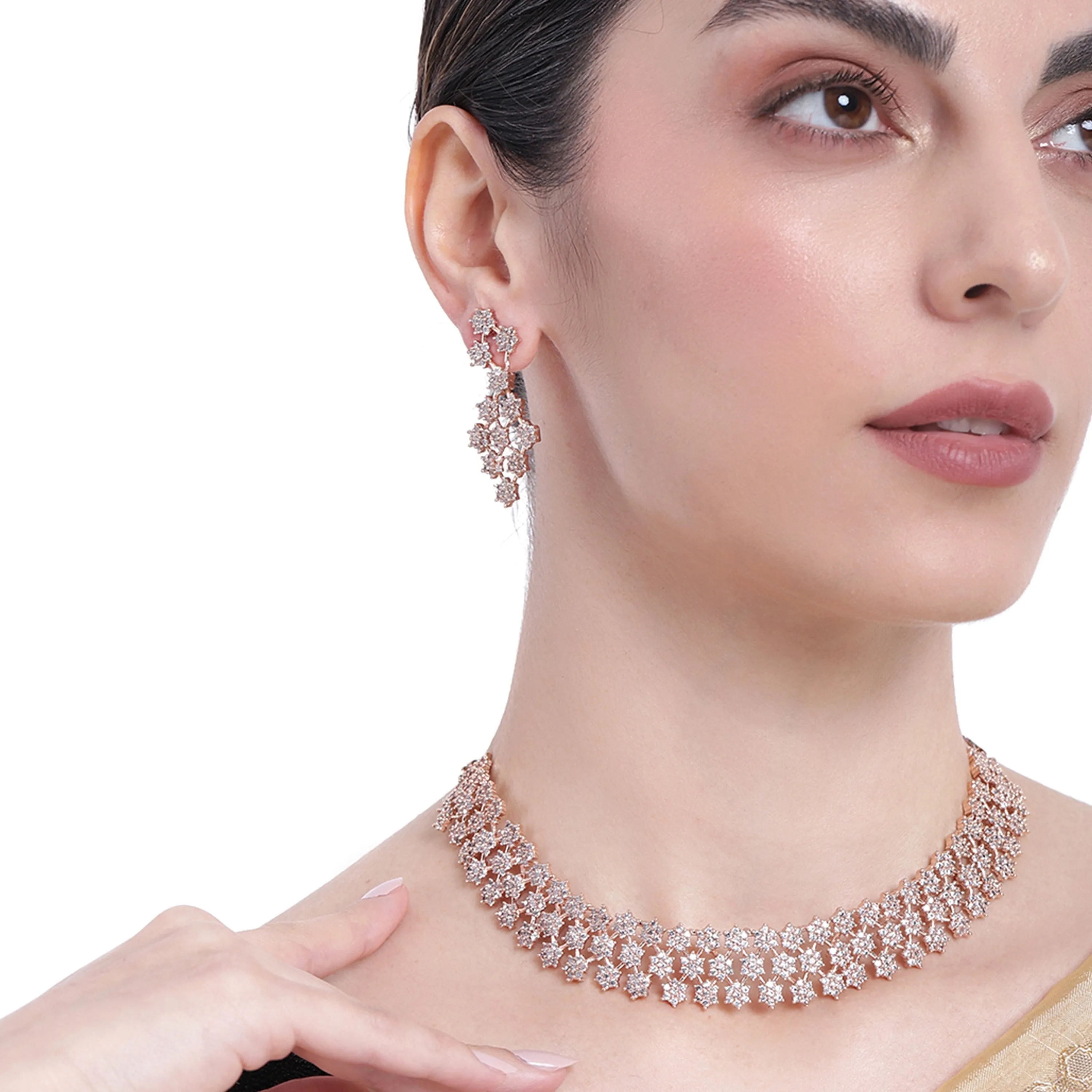 Estele Rose Gold Plated CZ Dazzling Necklace Set for Women