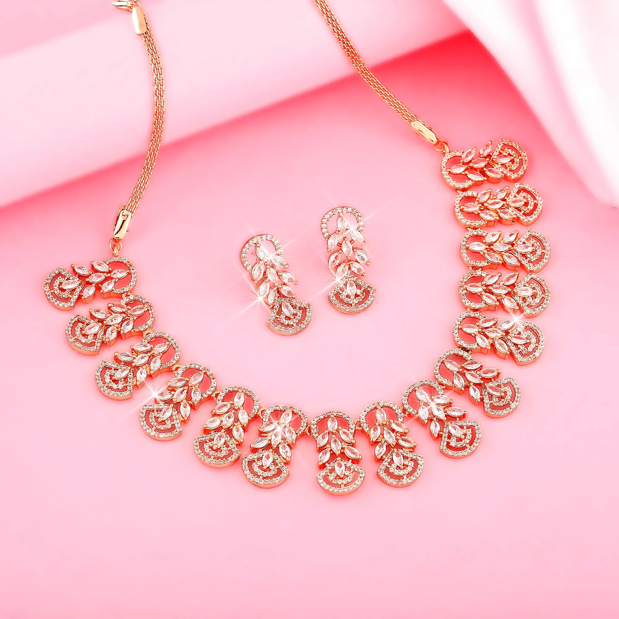 Estele Rose Gold Plated CZ Marquise Melody Necklace Set for Women
