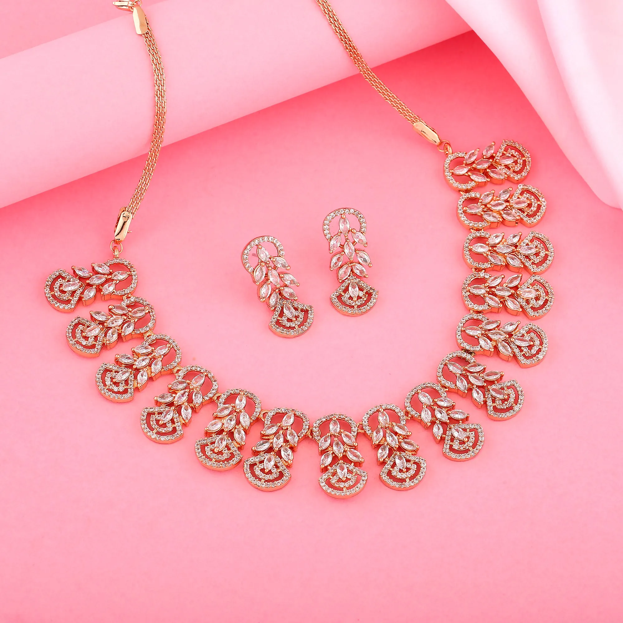 Estele Rose Gold Plated CZ Marquise Melody Necklace Set for Women