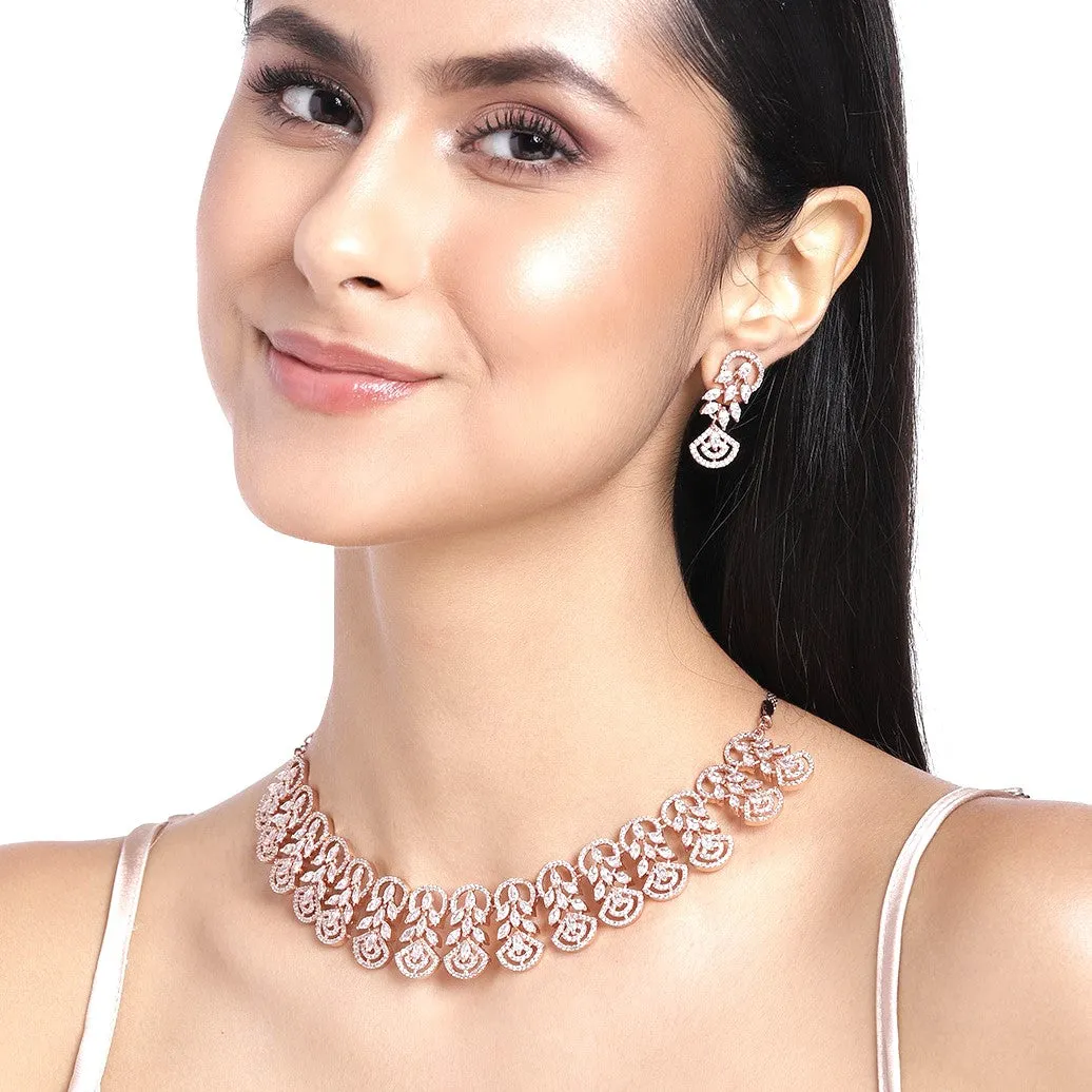 Estele Rose Gold Plated CZ Marquise Melody Necklace Set for Women