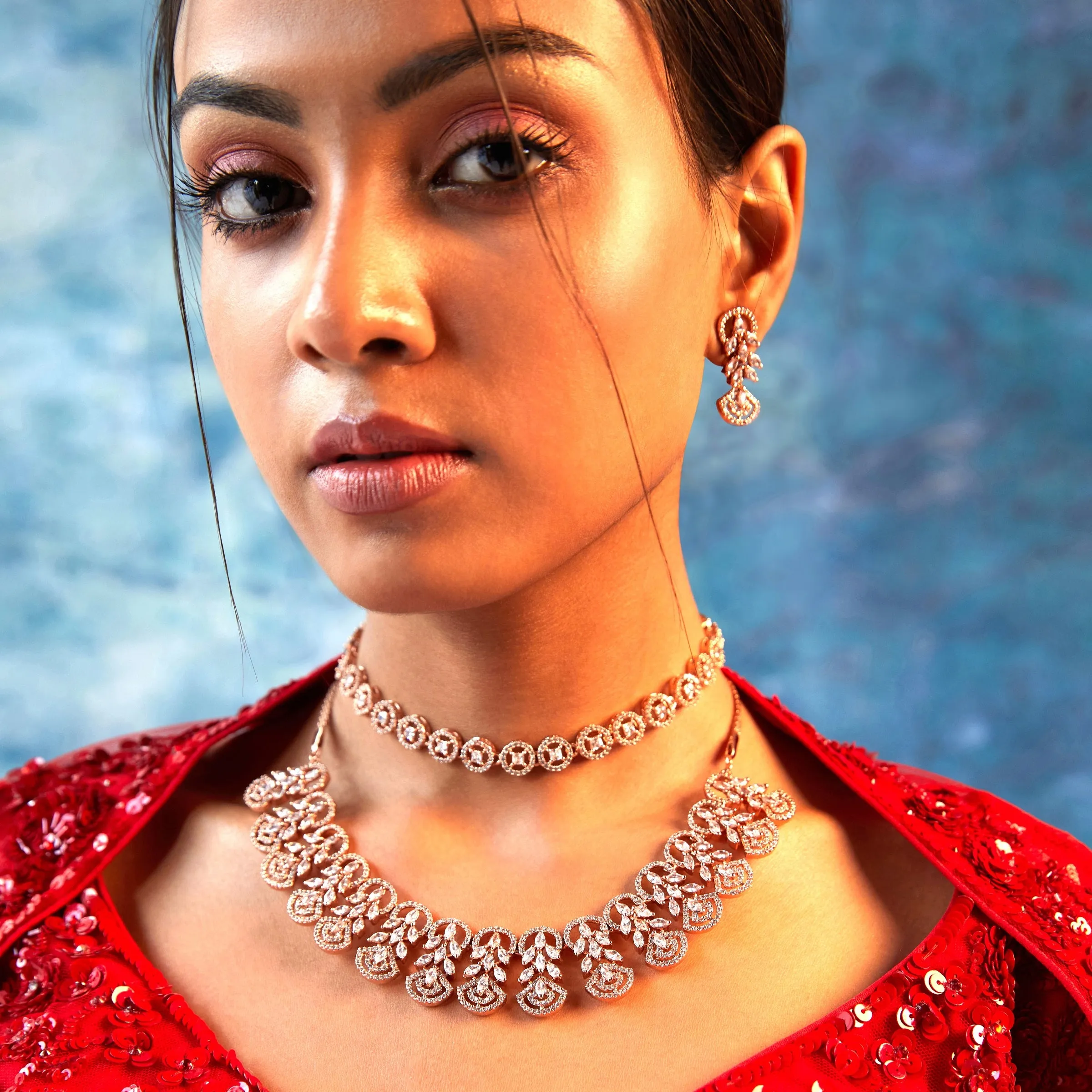 Estele Rose Gold Plated CZ Marquise Melody Necklace Set for Women