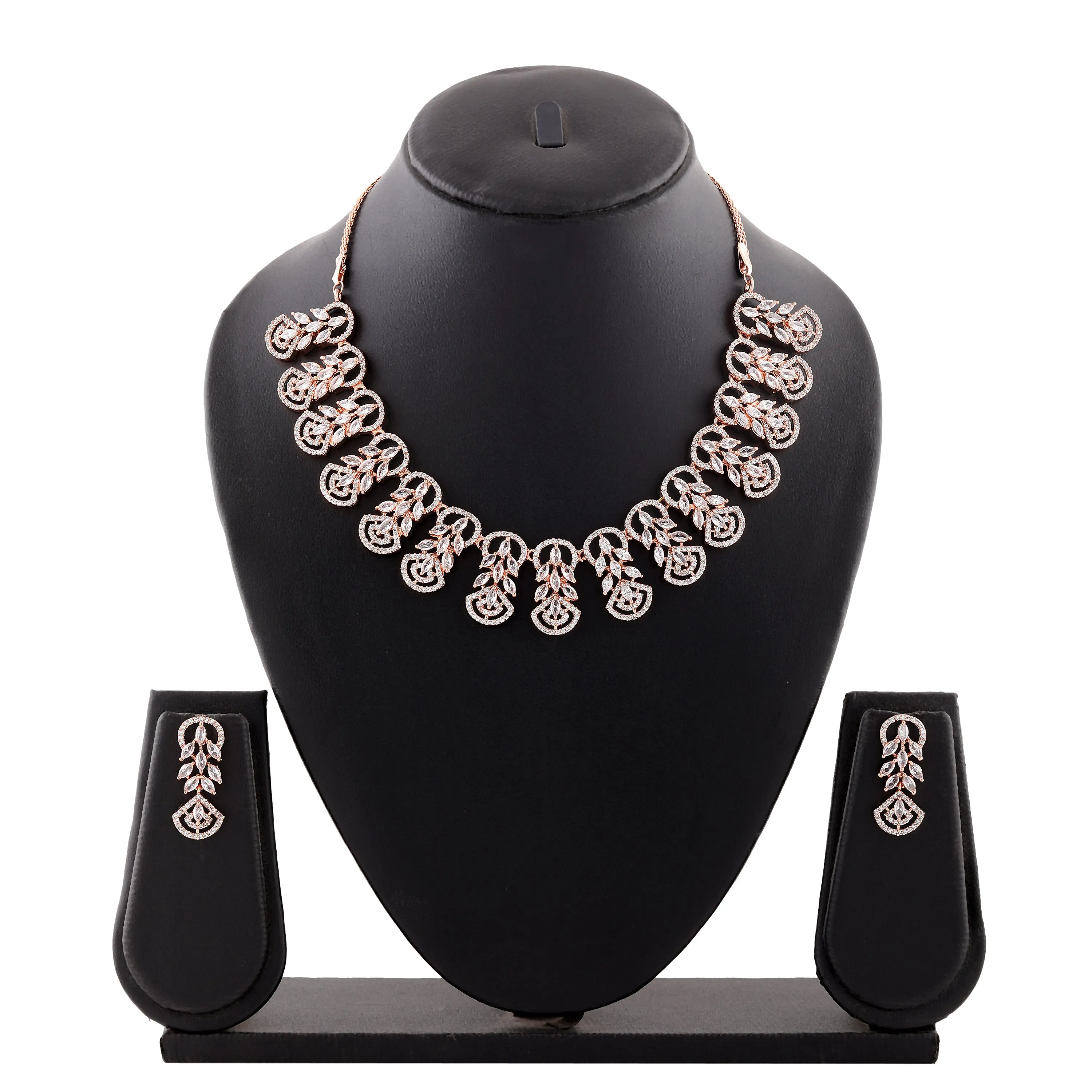 Estele Rose Gold Plated CZ Marquise Melody Necklace Set for Women