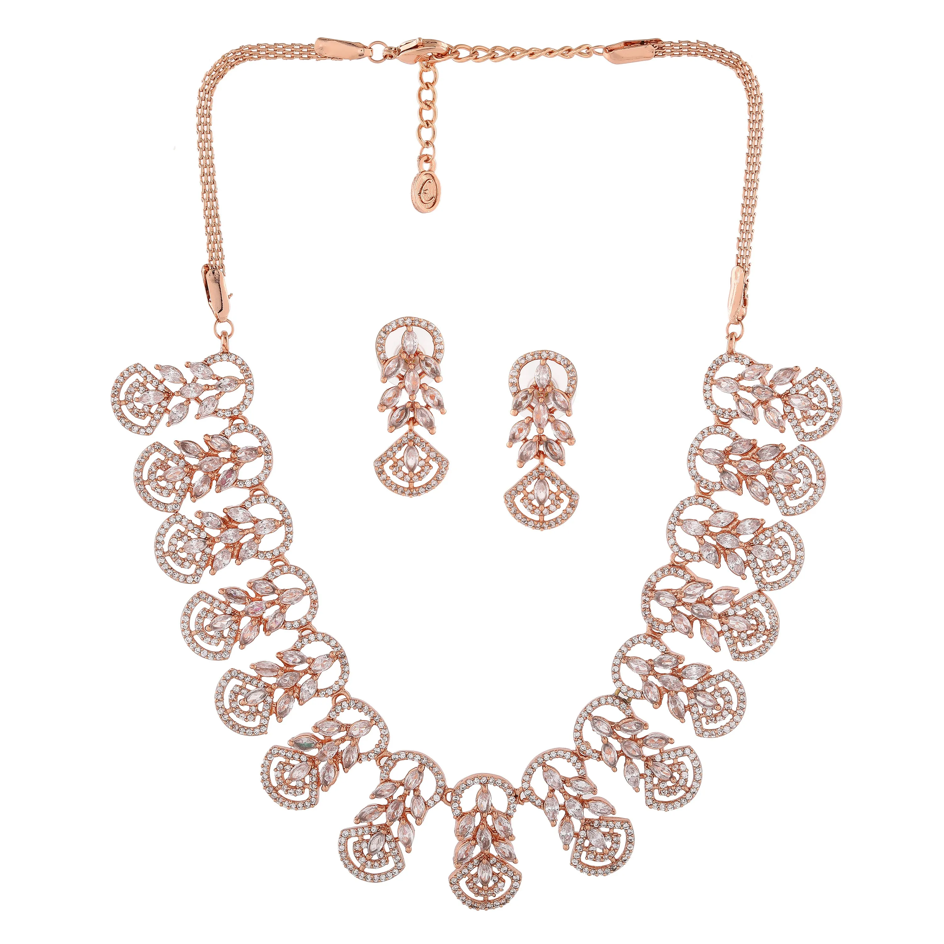 Estele Rose Gold Plated CZ Marquise Melody Necklace Set for Women