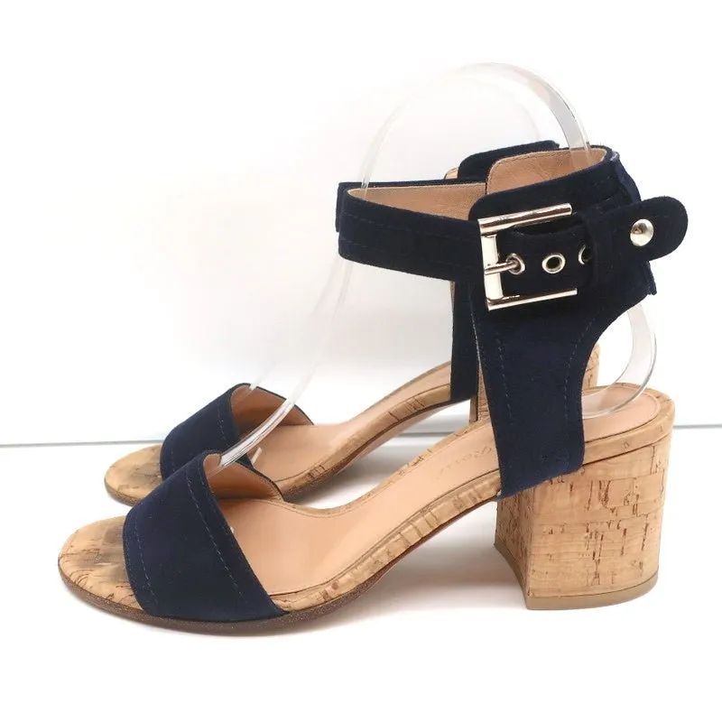 Gianvito Rossi Cork Sandals Rikki Navy Suede Size 36 Ankle Strap Mid-Heel