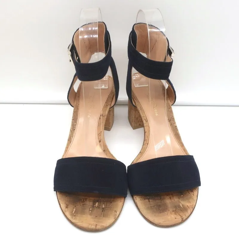 Gianvito Rossi Cork Sandals Rikki Navy Suede Size 36 Ankle Strap Mid-Heel