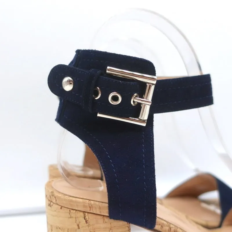 Gianvito Rossi Cork Sandals Rikki Navy Suede Size 36 Ankle Strap Mid-Heel