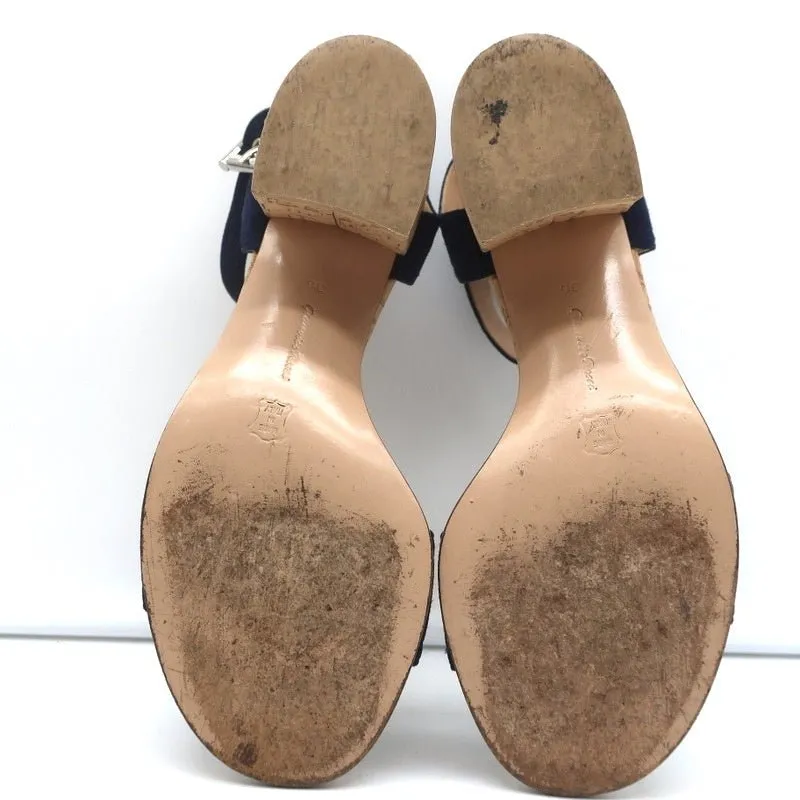 Gianvito Rossi Cork Sandals Rikki Navy Suede Size 36 Ankle Strap Mid-Heel
