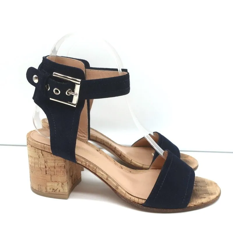Gianvito Rossi Cork Sandals Rikki Navy Suede Size 36 Ankle Strap Mid-Heel