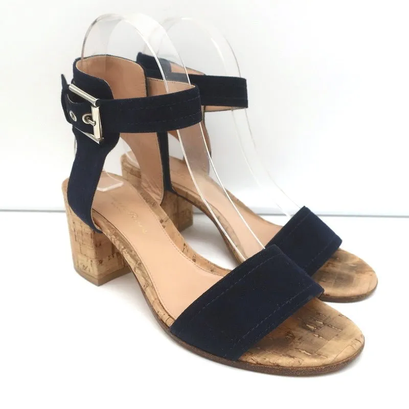 Gianvito Rossi Cork Sandals Rikki Navy Suede Size 36 Ankle Strap Mid-Heel