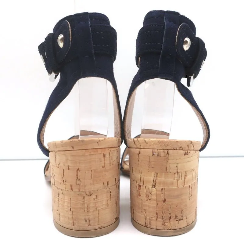Gianvito Rossi Cork Sandals Rikki Navy Suede Size 36 Ankle Strap Mid-Heel
