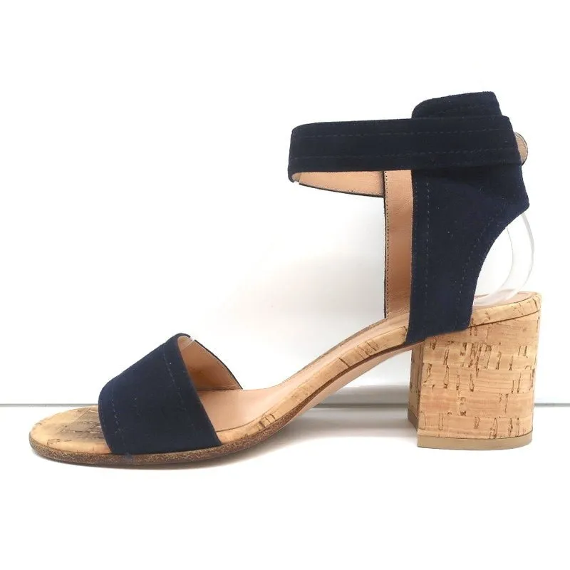 Gianvito Rossi Cork Sandals Rikki Navy Suede Size 36 Ankle Strap Mid-Heel