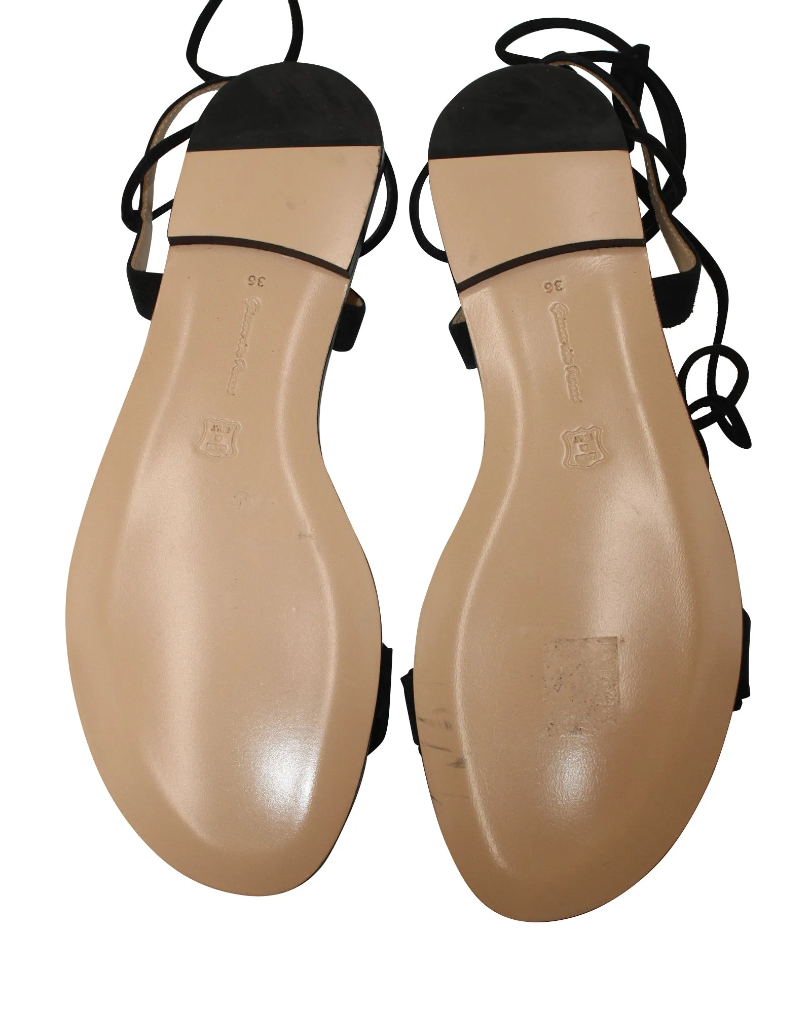 Gianvito Rossi Ruffle Lace Up Sandals in Black Suede