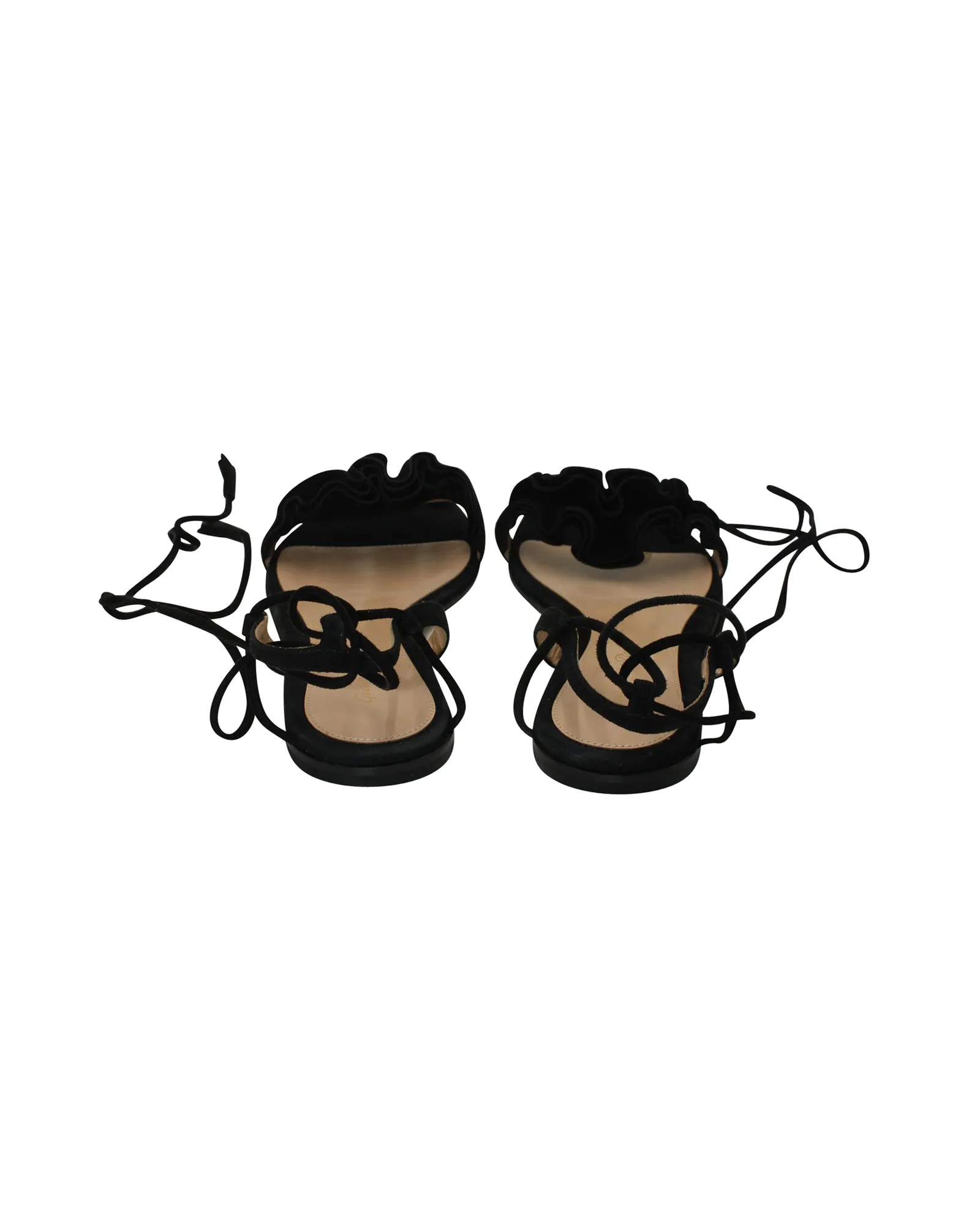 Gianvito Rossi Ruffle Lace Up Sandals in Black Suede