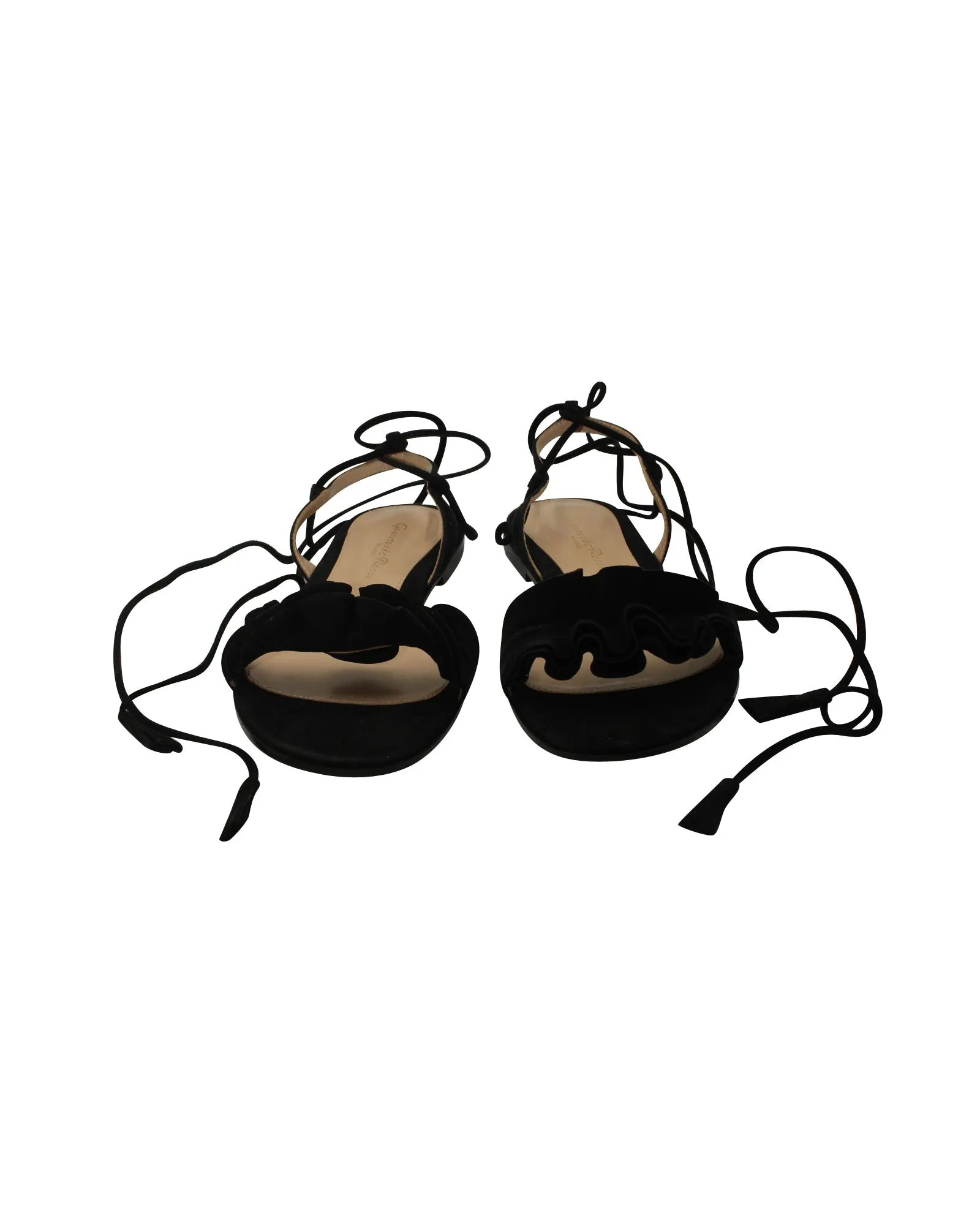 Gianvito Rossi Ruffle Lace Up Sandals in Black Suede