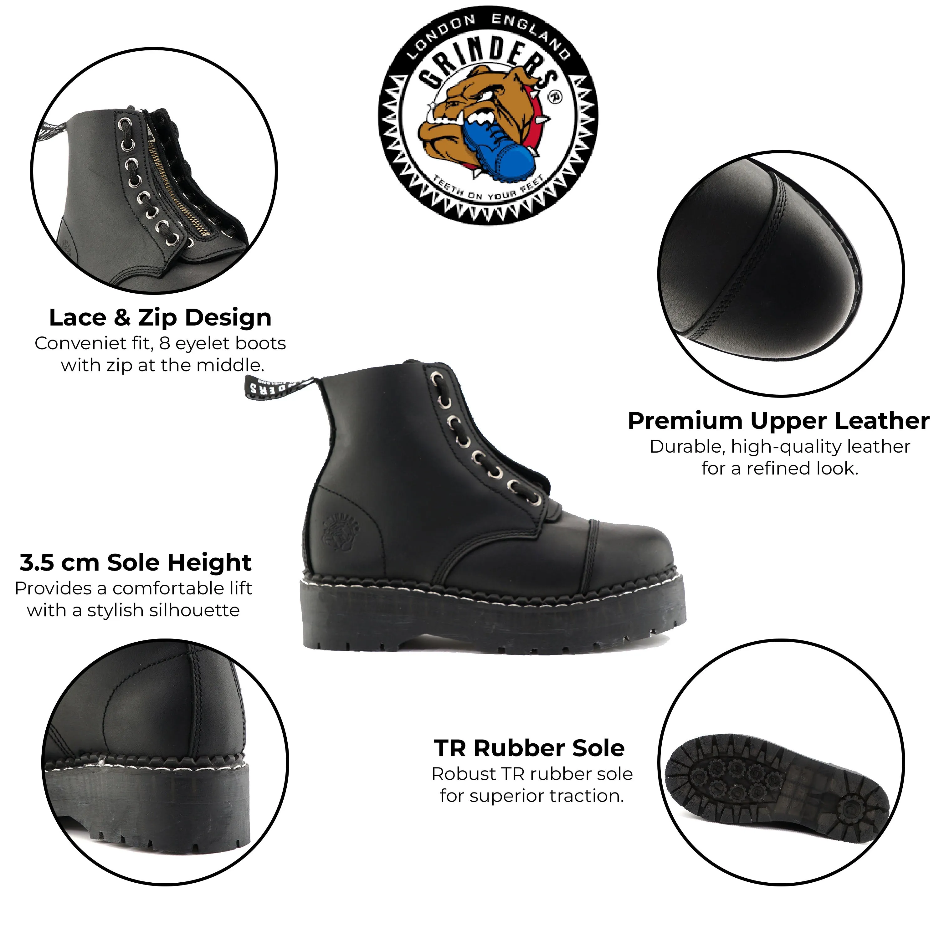 Grinders Unisex Black Leather Ankle Casual Zip Boots - Cameron ACS