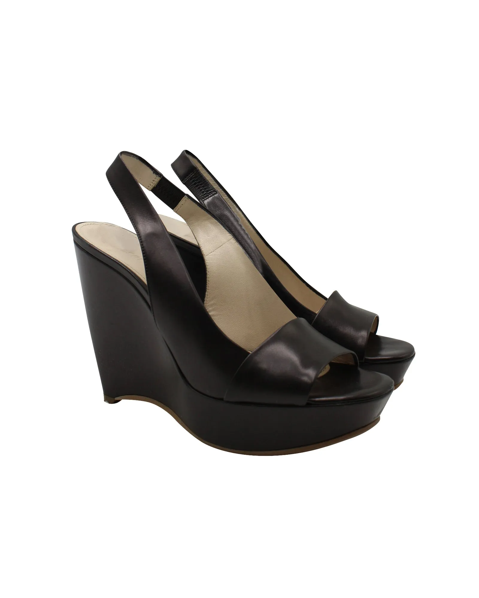 Jil Sander Slingback Peep Toe Wedge in Black Leather