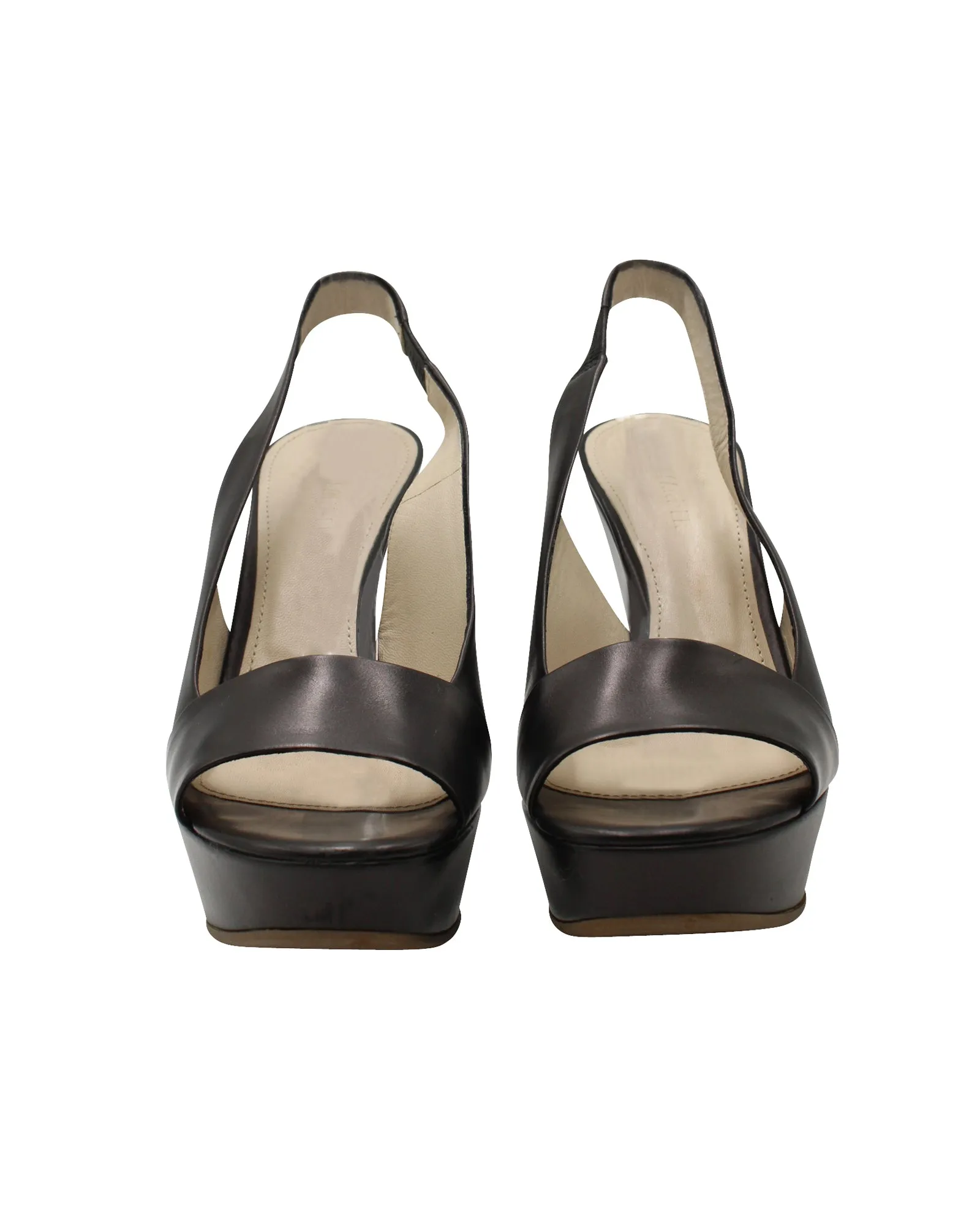 Jil Sander Slingback Peep Toe Wedge in Black Leather